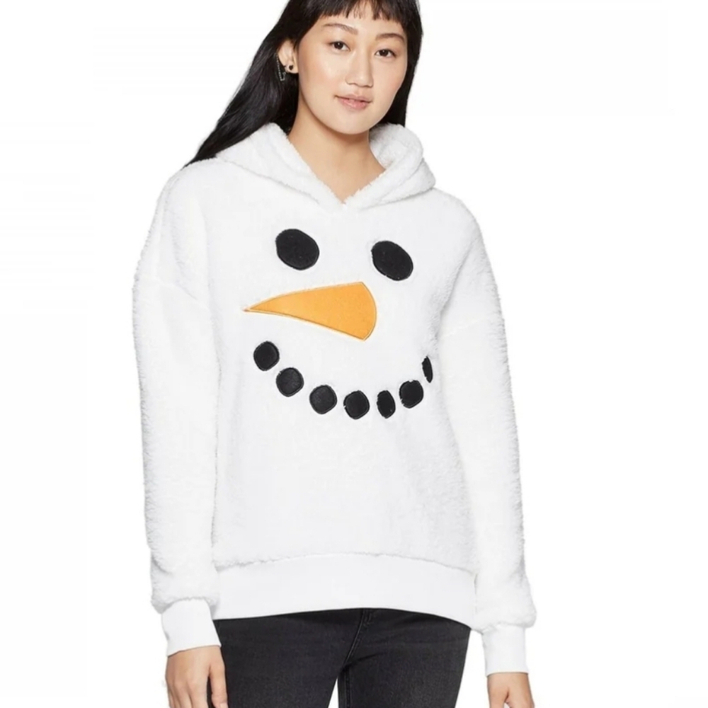 NWT Cozy White Sherpa Hoodie Snowman Sweater Large